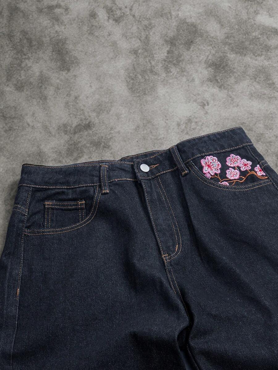 Peach Blossom Embroidered Wide-Leg Jeans