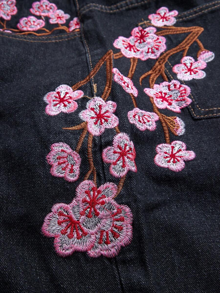 Peach Blossom Embroidered Wide-Leg Jeans