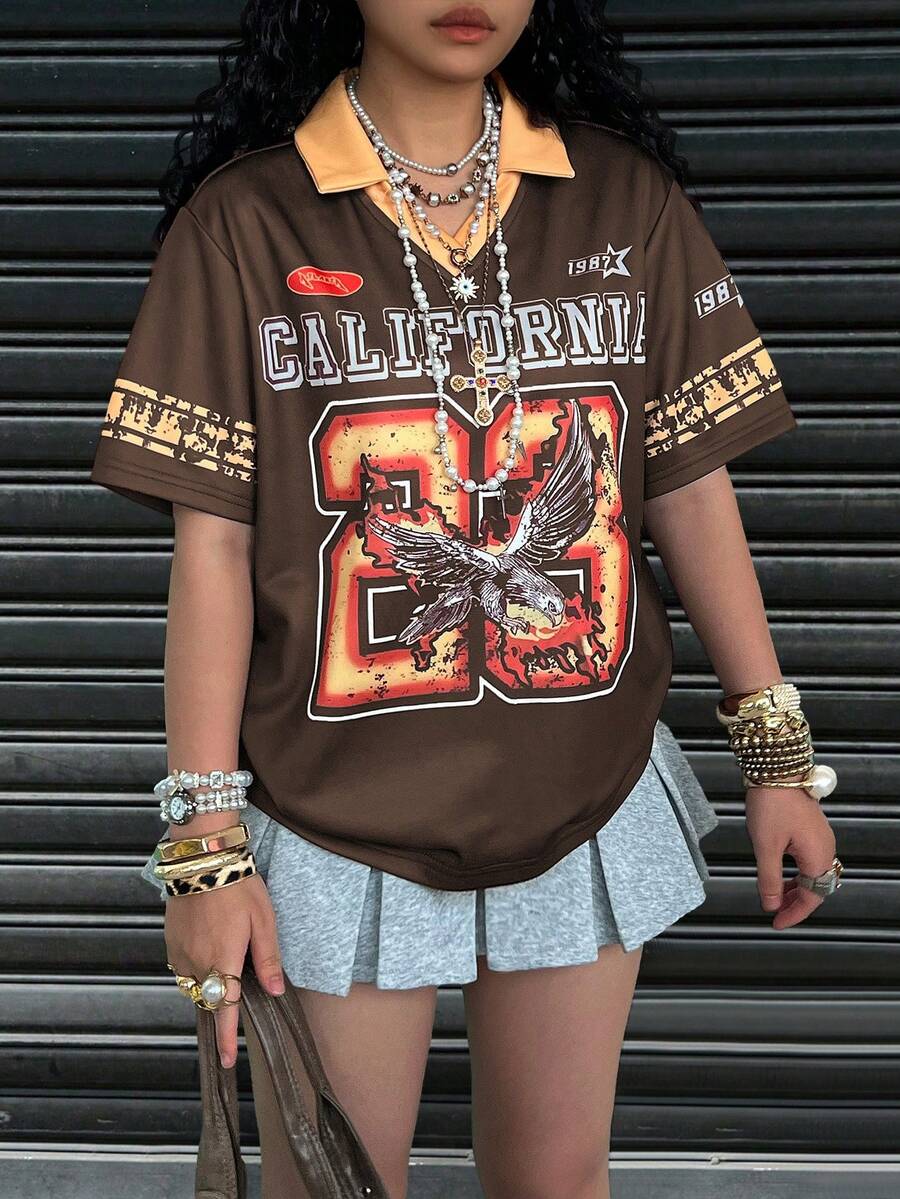 Sports Style Retro Numeric Print Short Sleeve Polo Shirt