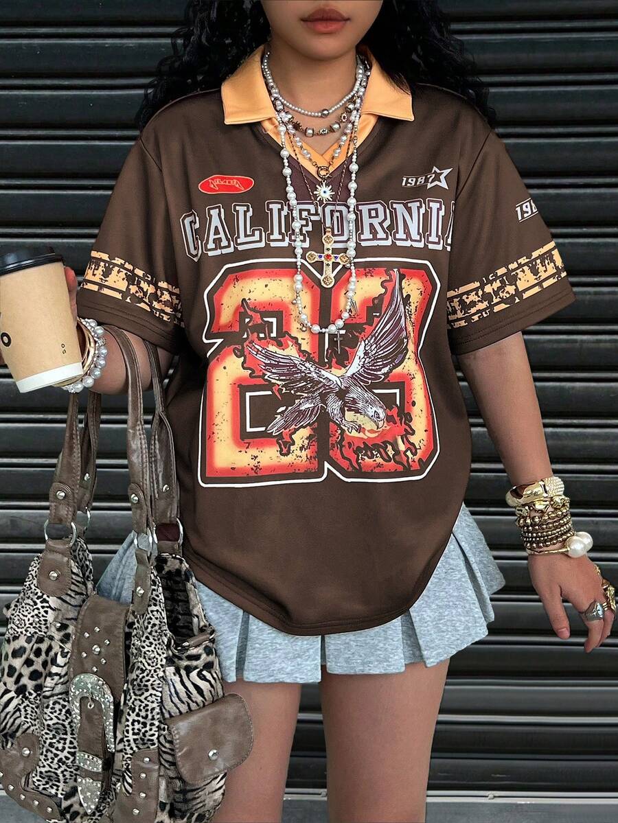 Sports Style Retro Numeric Print Short Sleeve Polo Shirt