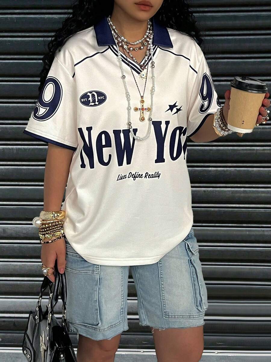Sports Style Retro Numeric Print Short Sleeve Polo Shirt