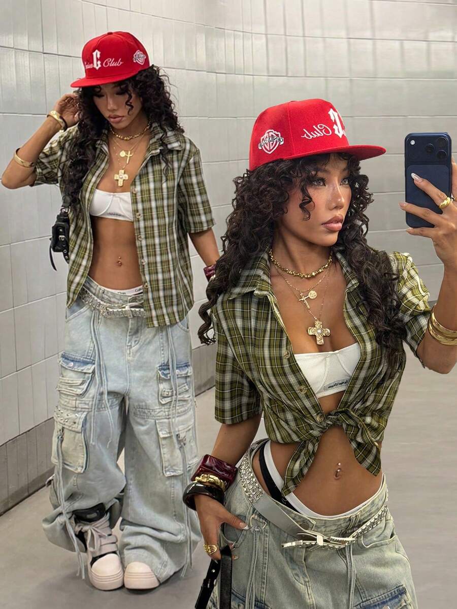 Women Crooped Zip Pocket Short Sleeve Shirt