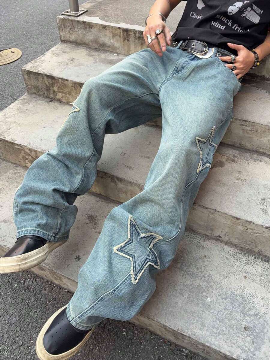 Men's Cross Embroidered Denim Jeans