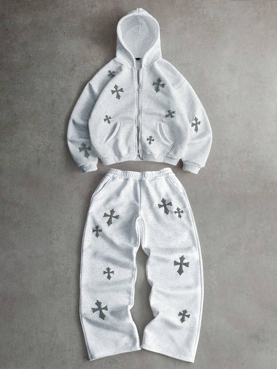 Cross Print Embroidered Hoodie Sweatshirt Set
