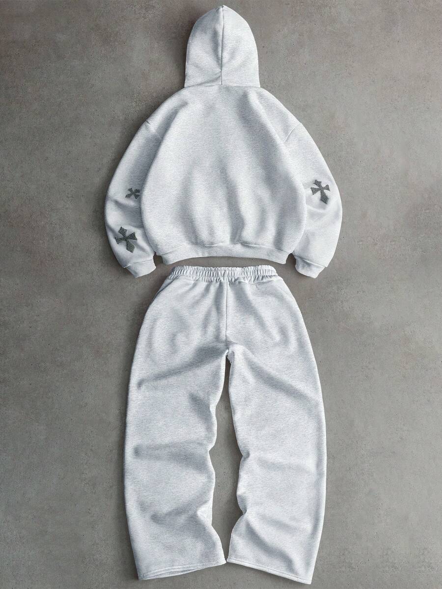 Cross Print Embroidered Hoodie Sweatshirt Set