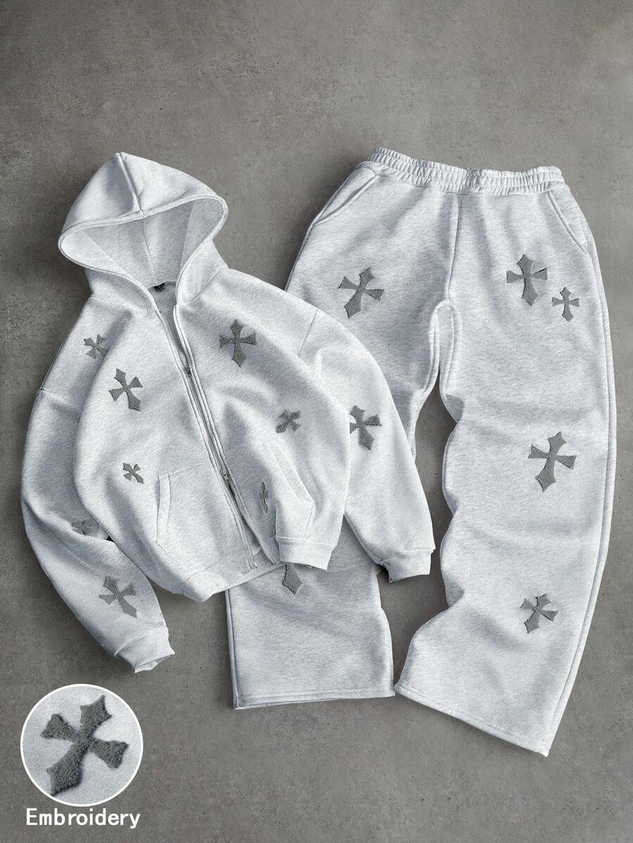 Cross Print Embroidered Hoodie Sweatshirt Set