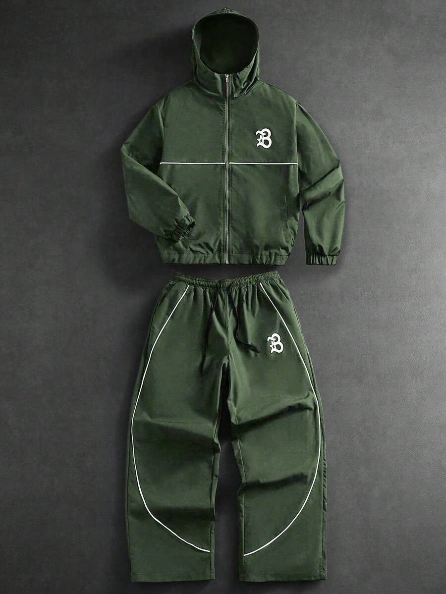 Men's Letter Print Hooded Zip-Up Jacket And Contrast Trim Pants 2Piece Set