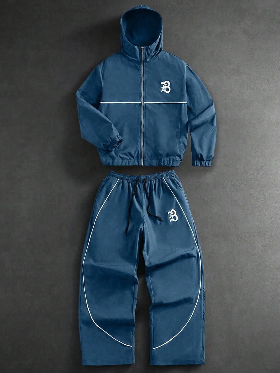 Men's Letter Print Hooded Zip-Up Jacket And Contrast Trim Pants 2Piece Set