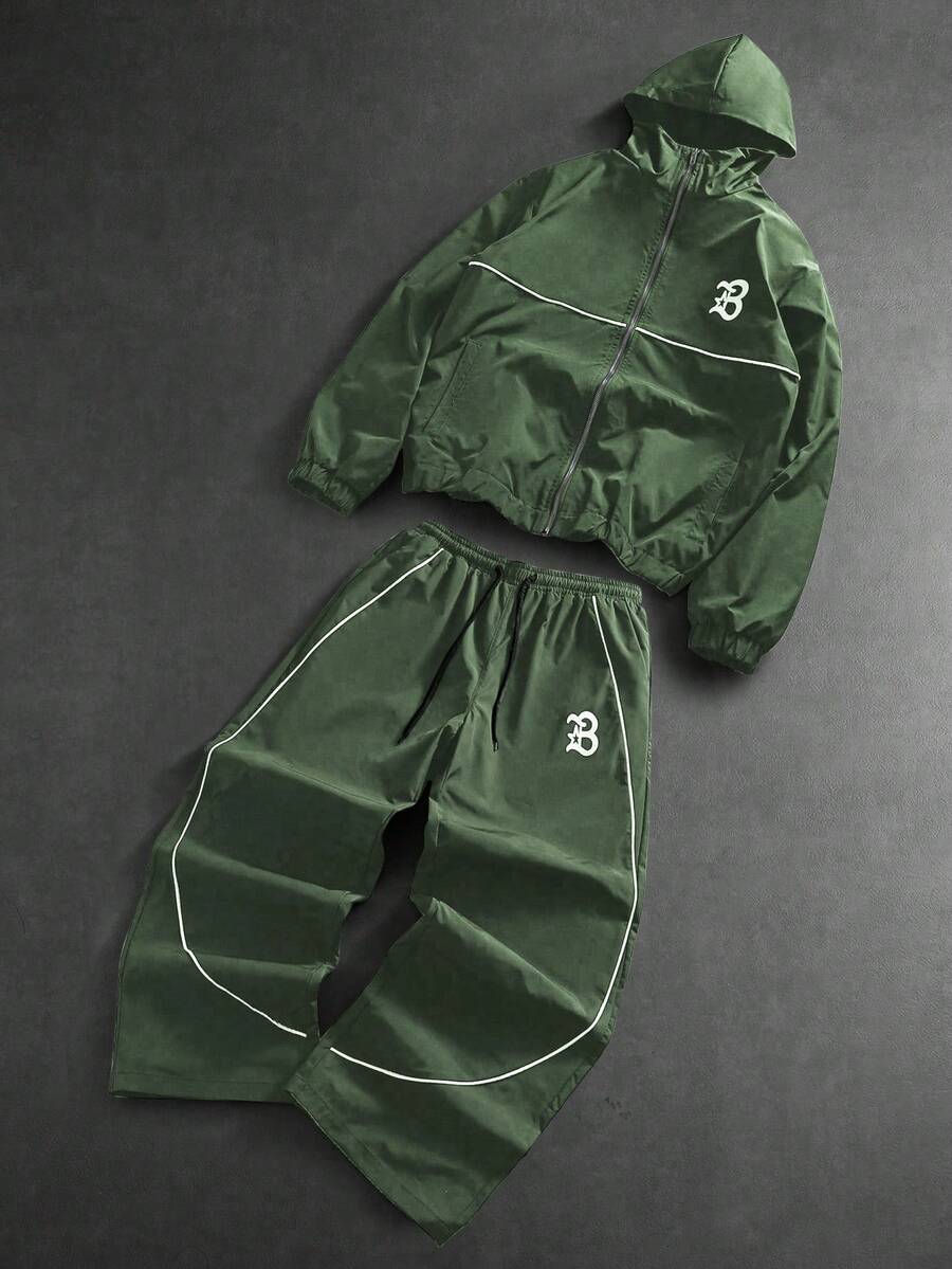 Men's Letter Print Hooded Zip-Up Jacket And Contrast Trim Pants 2Piece Set