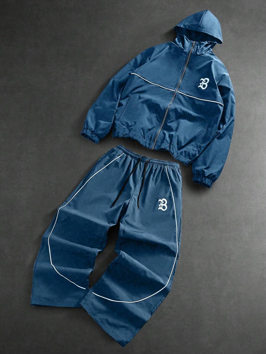 Men's Letter Print Hooded Zip-Up Jacket And Contrast Trim Pants 2Piece Set
