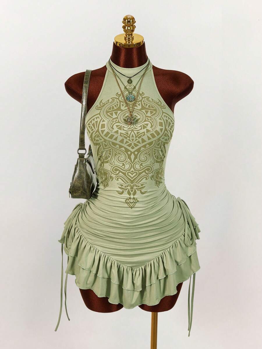 Ruffled High Neck Asymmetrical Mini Dress
