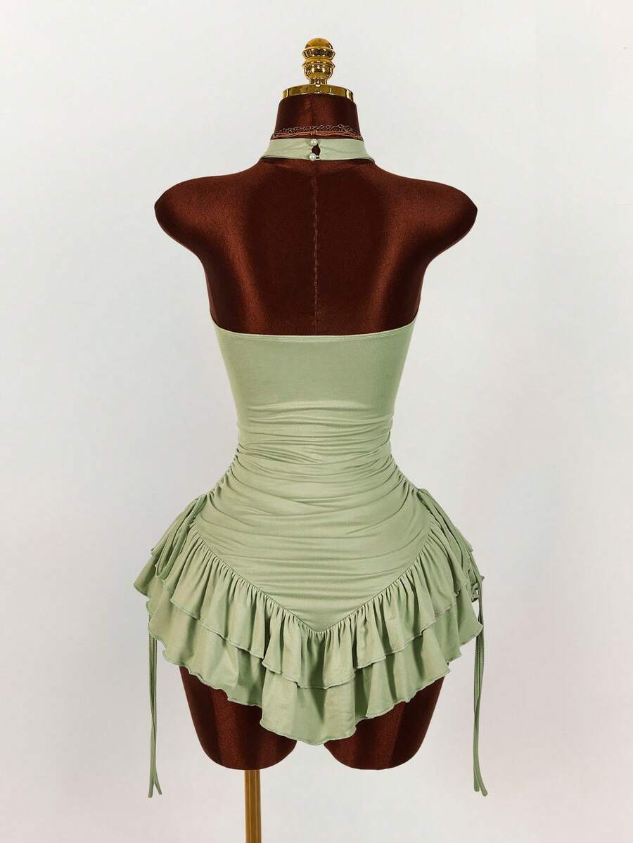 Ruffled High Neck Asymmetrical Mini Dress