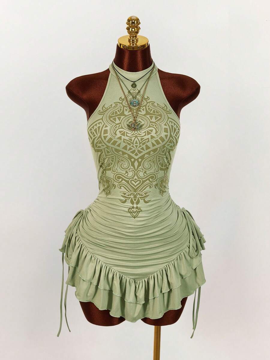 Ruffled High Neck Asymmetrical Mini Dress