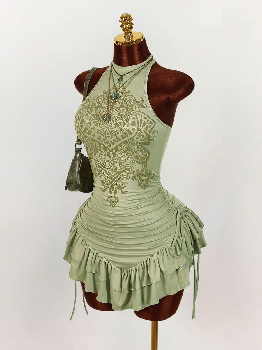 Ruffled High Neck Asymmetrical Mini Dress