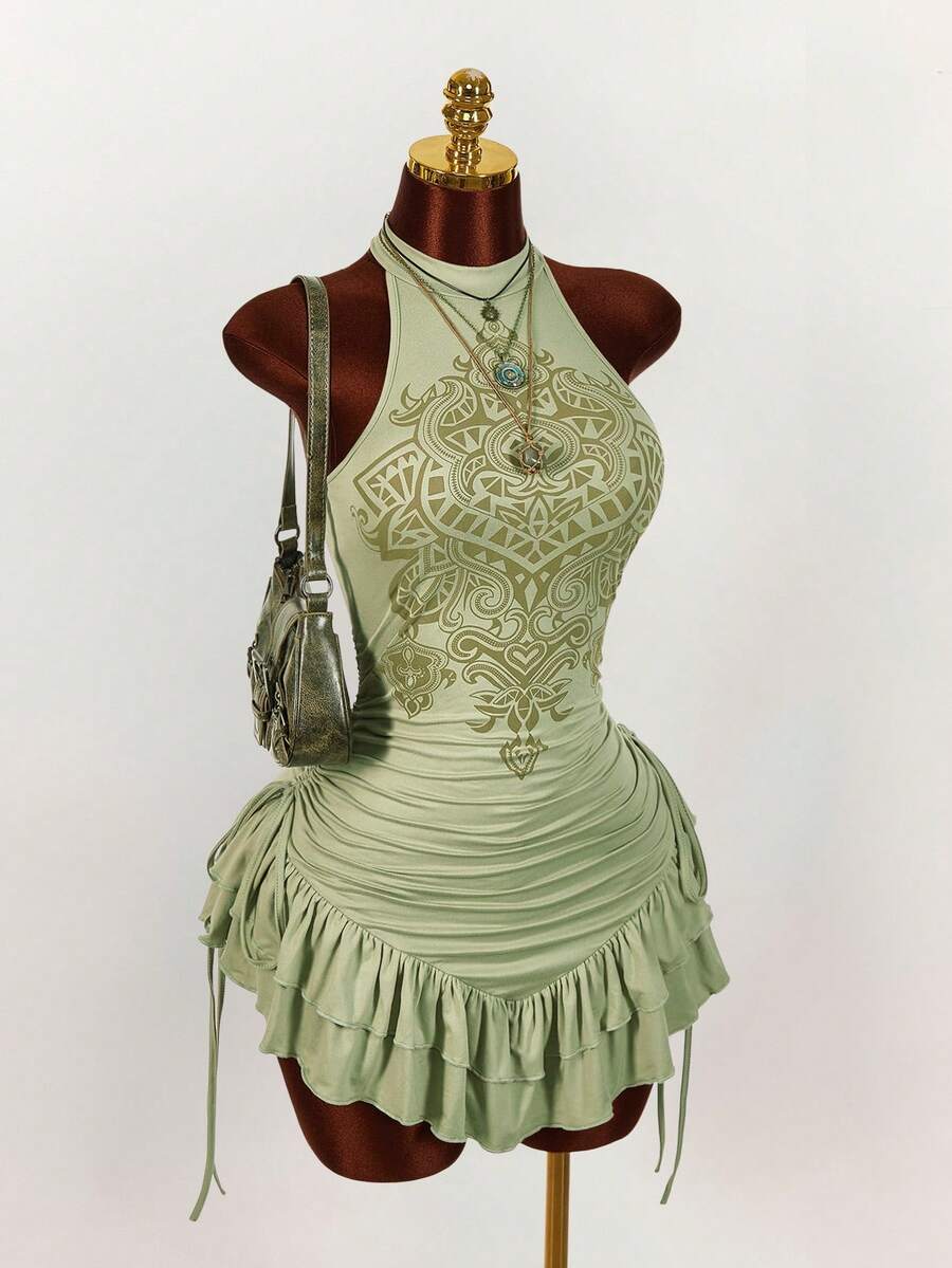 Ruffled High Neck Asymmetrical Mini Dress