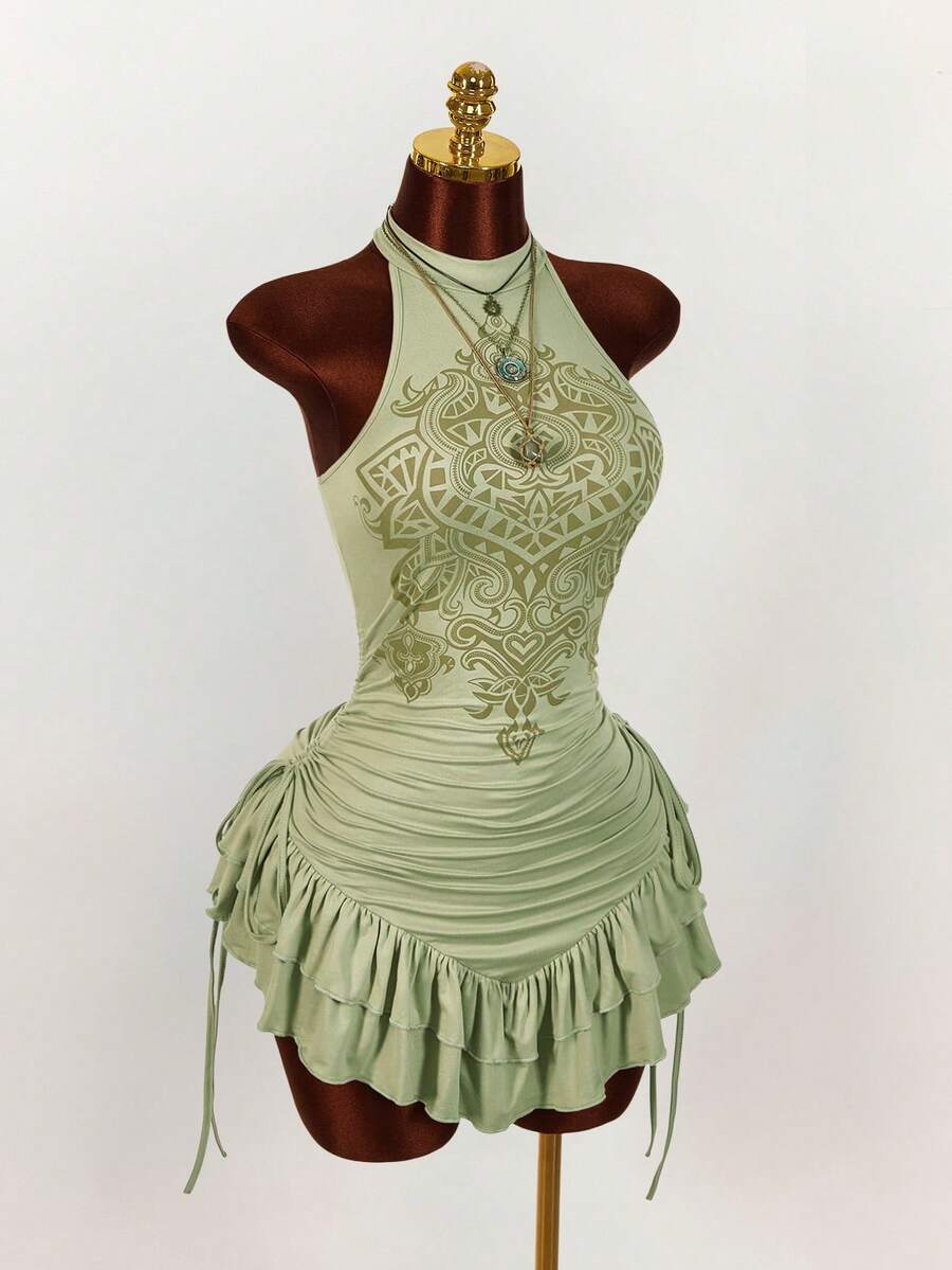 Ruffled High Neck Asymmetrical Mini Dress