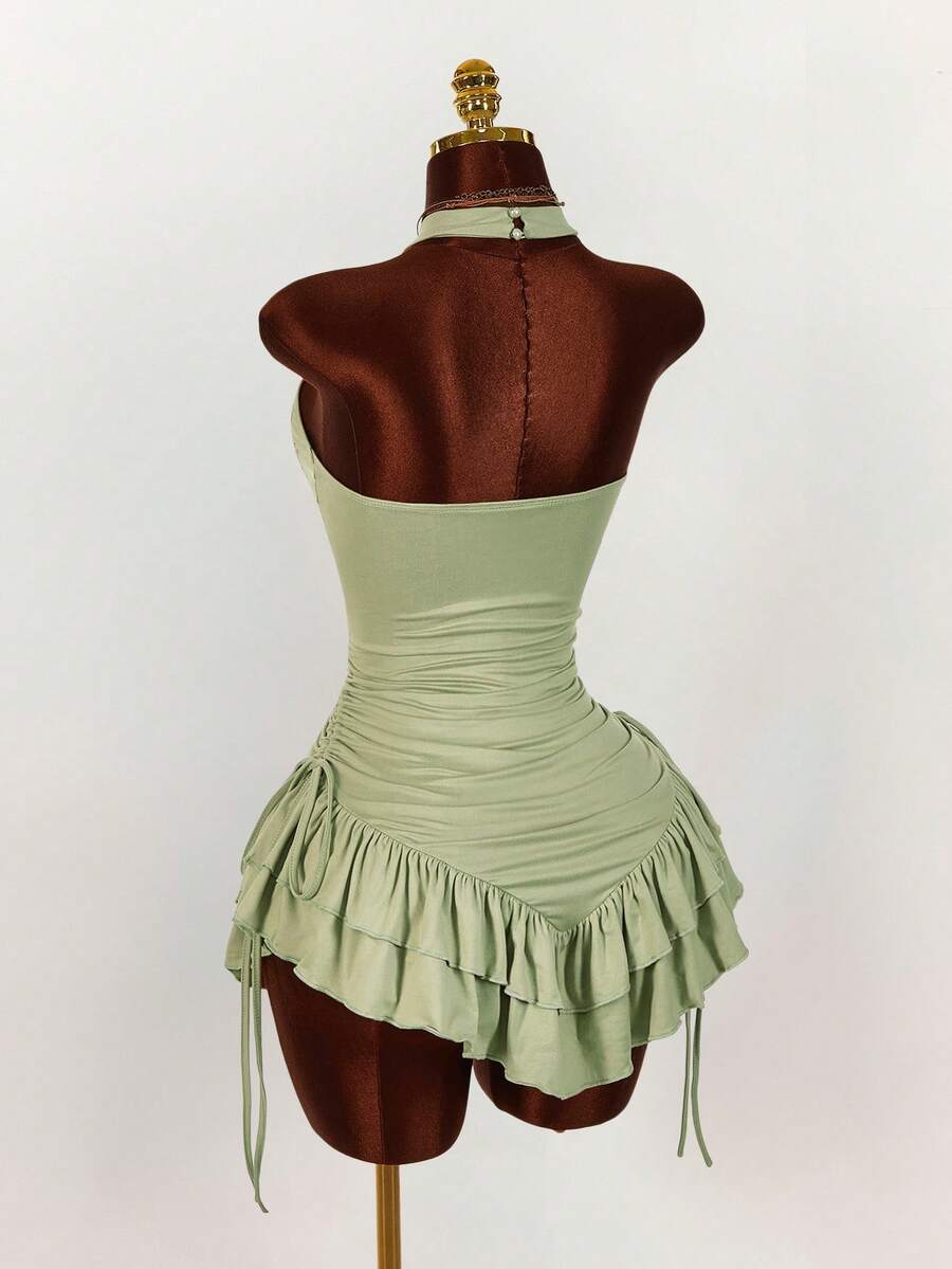Ruffled High Neck Asymmetrical Mini Dress