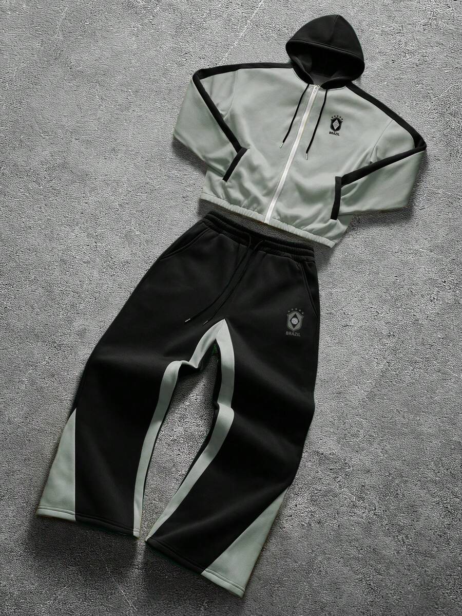 Contrast Color Zip-Up Hoodie Sweatpants Set