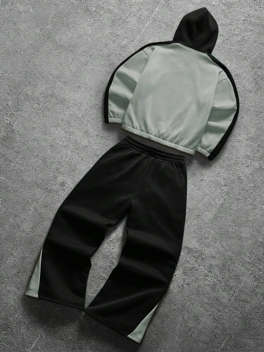 Contrast Color Zip-Up Hoodie Sweatpants Set