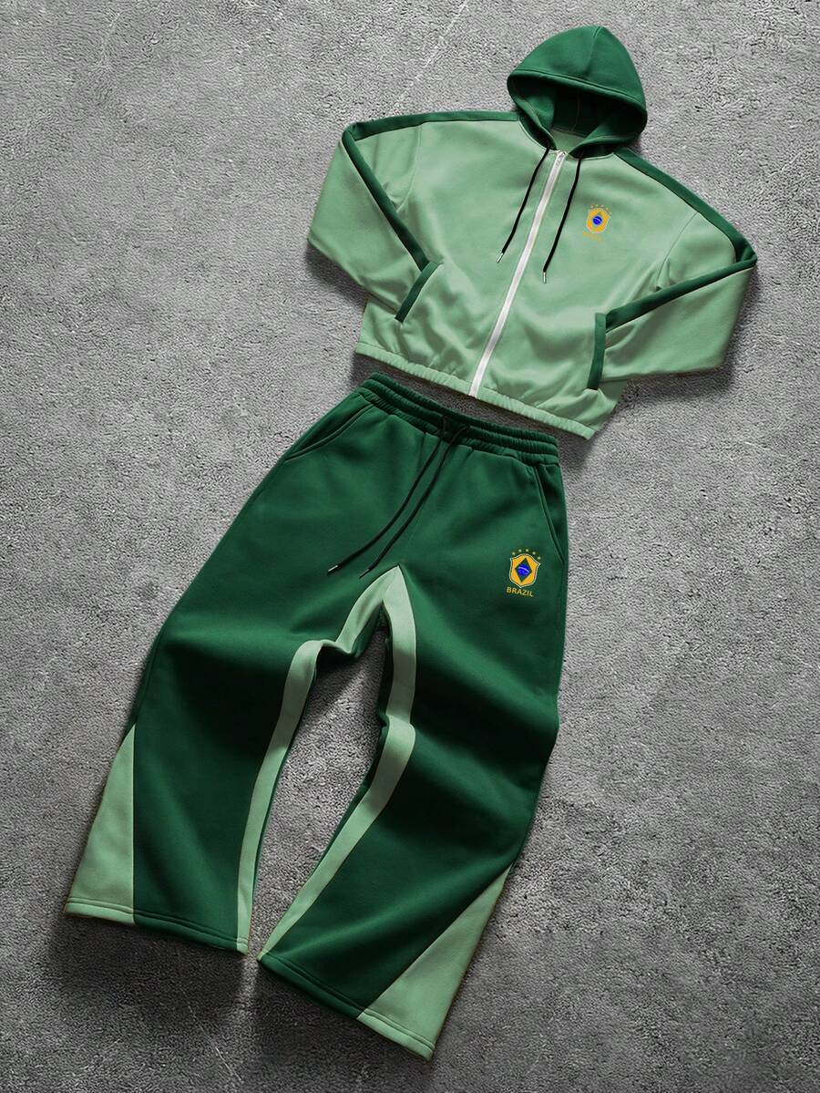 Contrast Color Zip-Up Hoodie Sweatpants Set