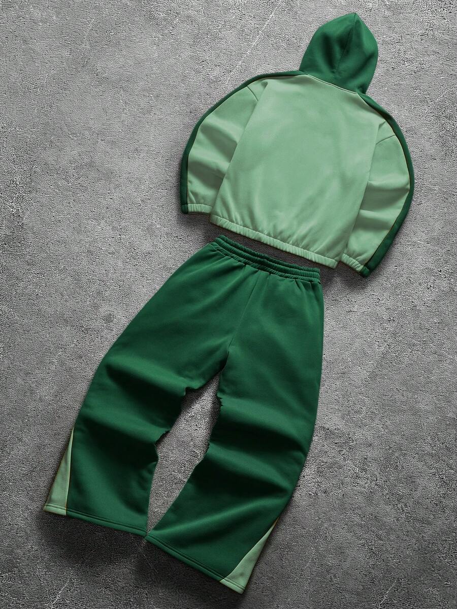 Contrast Color Zip-Up Hoodie Sweatpants Set