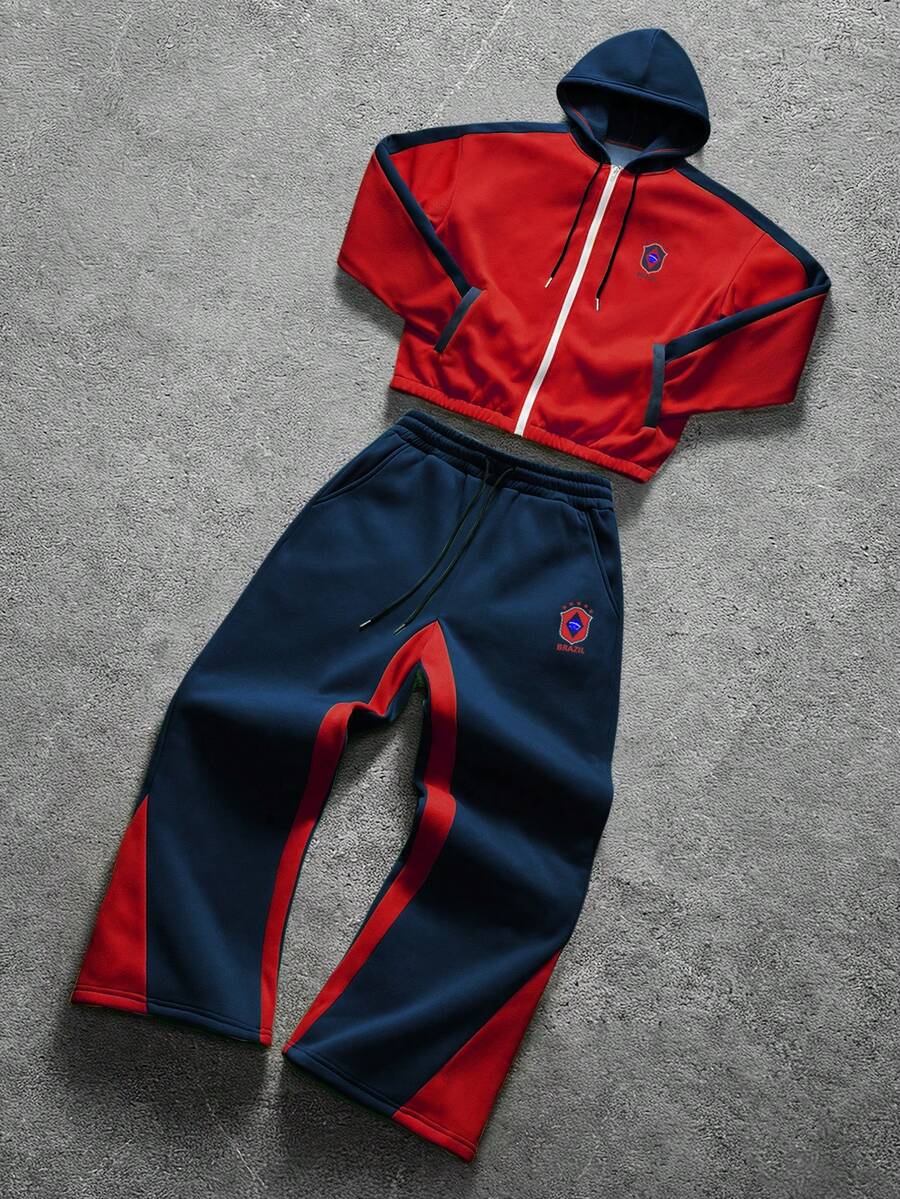 Contrast Color Zip-Up Hoodie Sweatpants Set