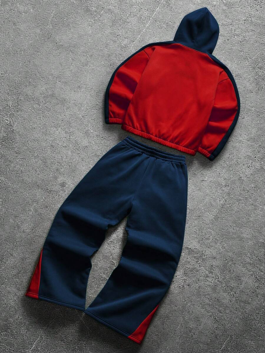 Contrast Color Zip-Up Hoodie Sweatpants Set