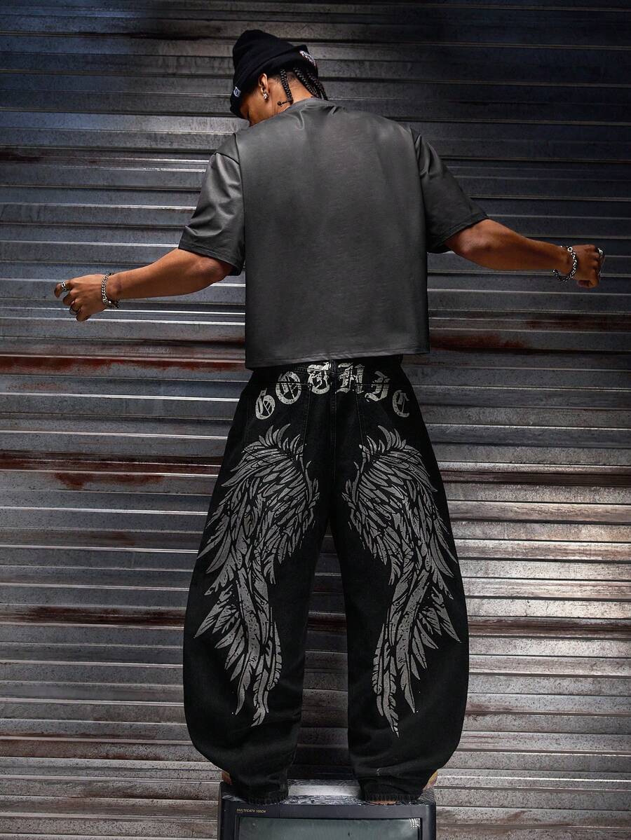 Fashionable Straight Loose Fit Patchwork Frayed Hem Men's Baggy Denim Jeans, Streetwear Style