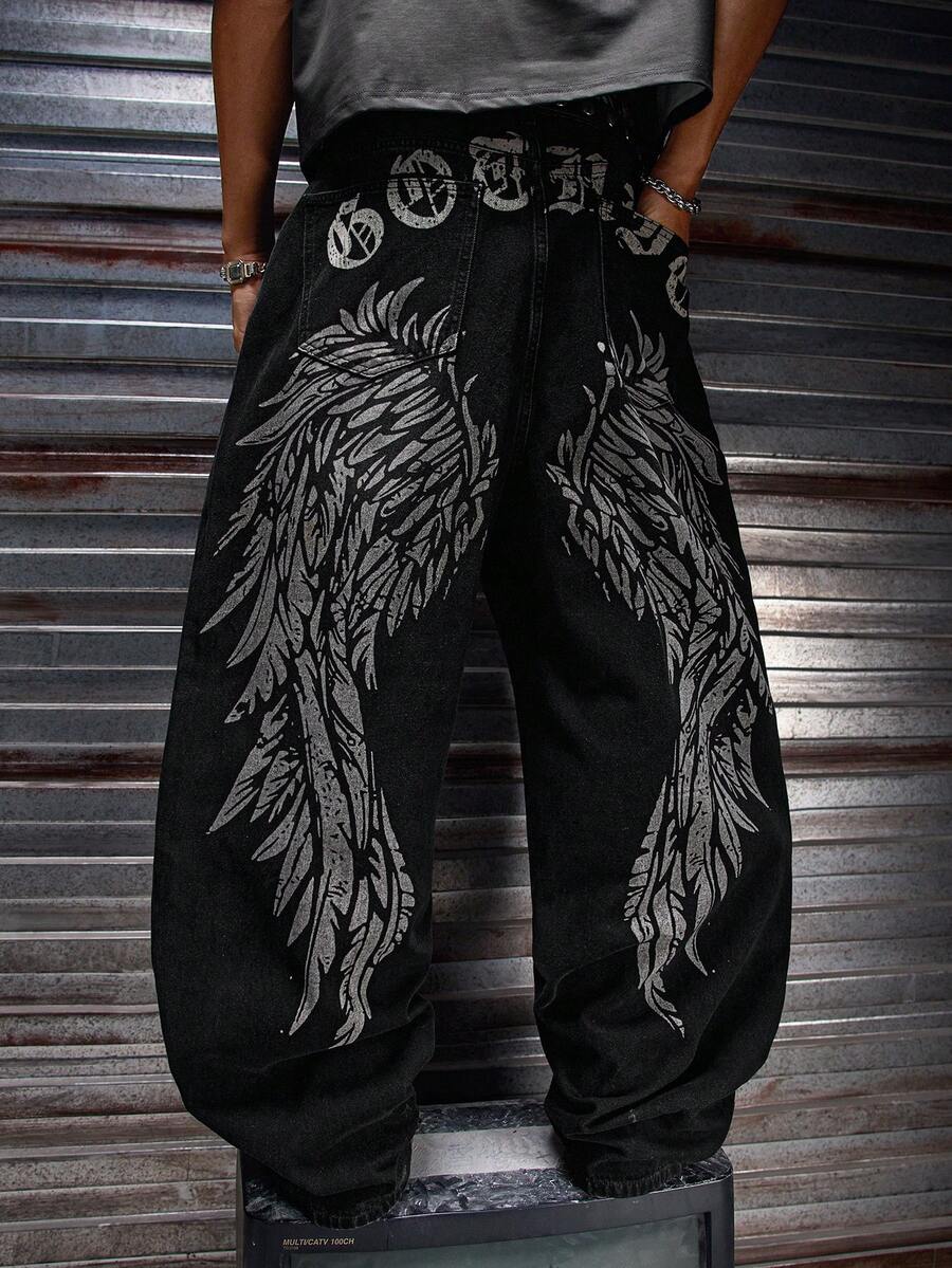 Fashionable Straight Loose Fit Patchwork Frayed Hem Men's Baggy Denim Jeans, Streetwear Style