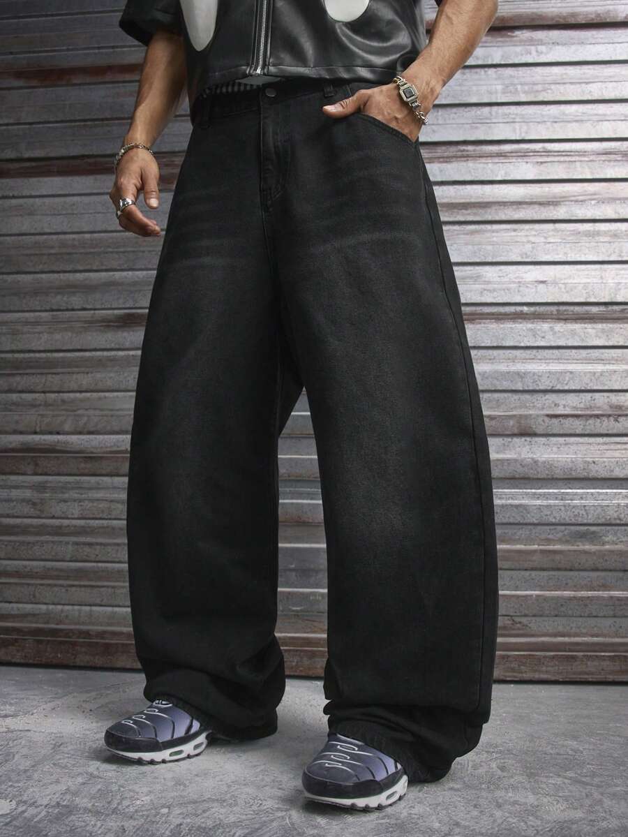 Fashionable Straight Loose Fit Patchwork Frayed Hem Men's Baggy Denim Jeans, Streetwear Style