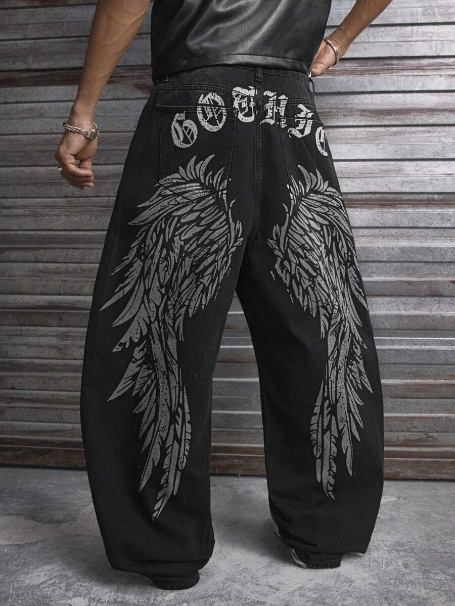 Fashionable Straight Loose Fit Patchwork Frayed Hem Men's Baggy Denim Jeans, Streetwear Style