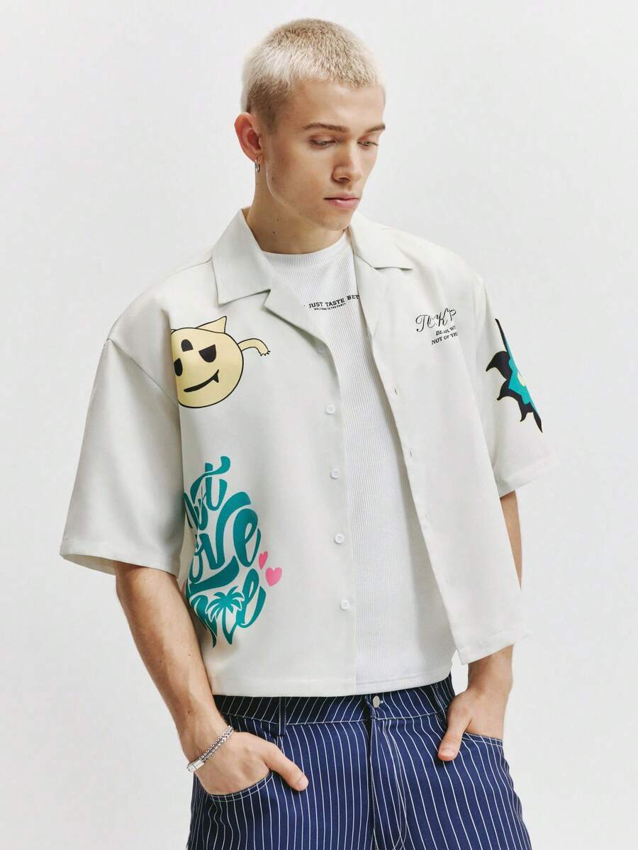 Men's Graphic Print Cropped Camp Collar Shirt