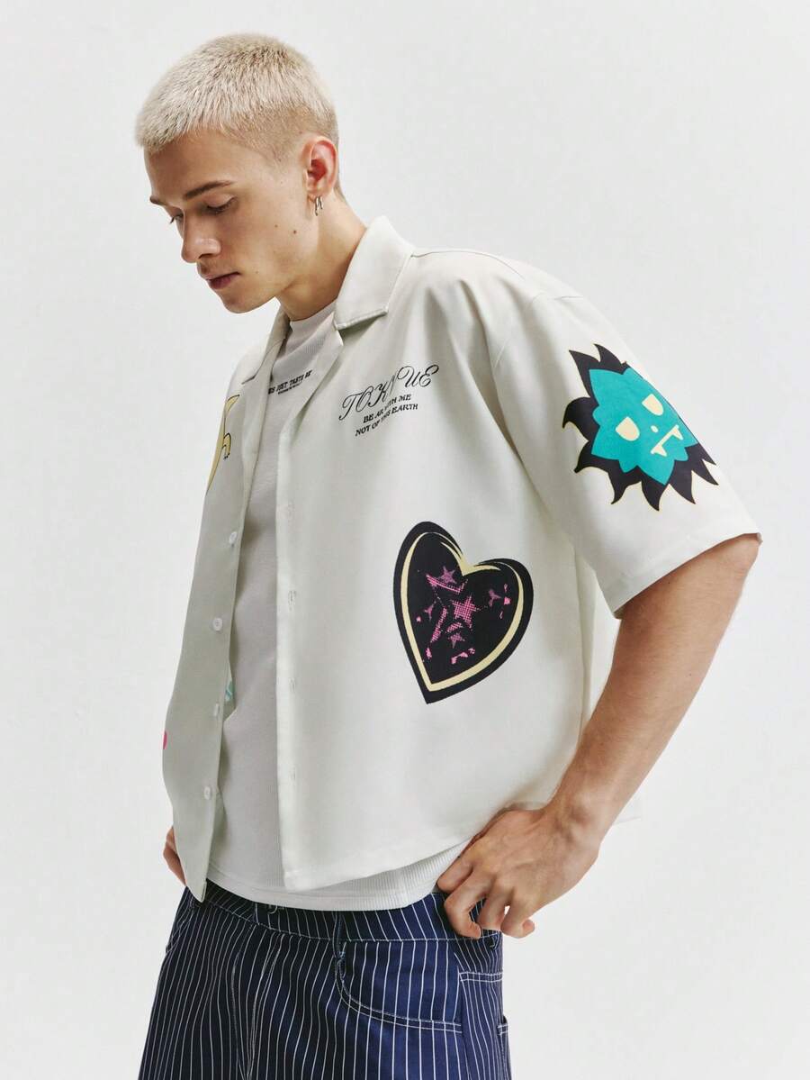 Men's Graphic Print Cropped Camp Collar Shirt