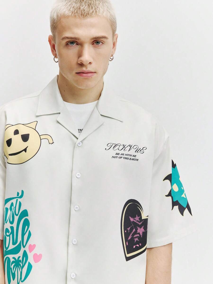 Men's Graphic Print Cropped Camp Collar Shirt