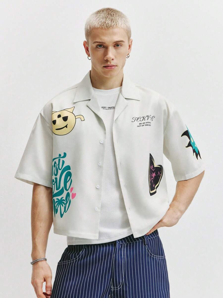 Men's Graphic Print Cropped Camp Collar Shirt