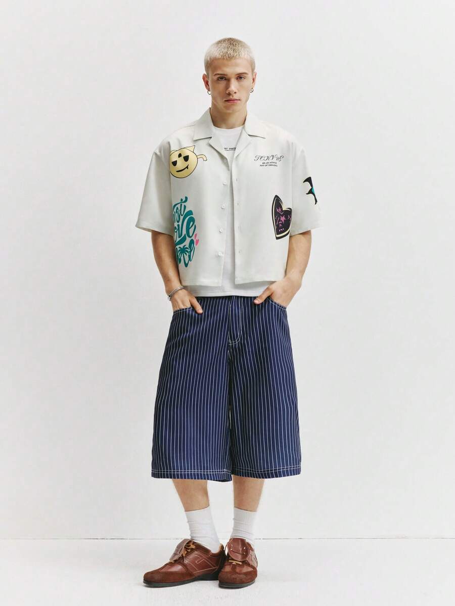 Men's Graphic Print Cropped Camp Collar Shirt