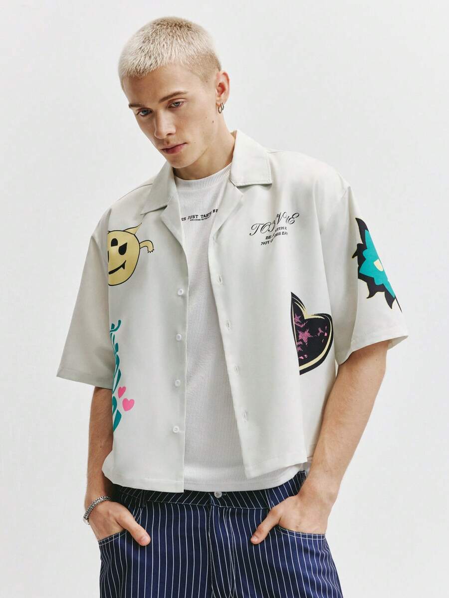 Men's Graphic Print Cropped Camp Collar Shirt