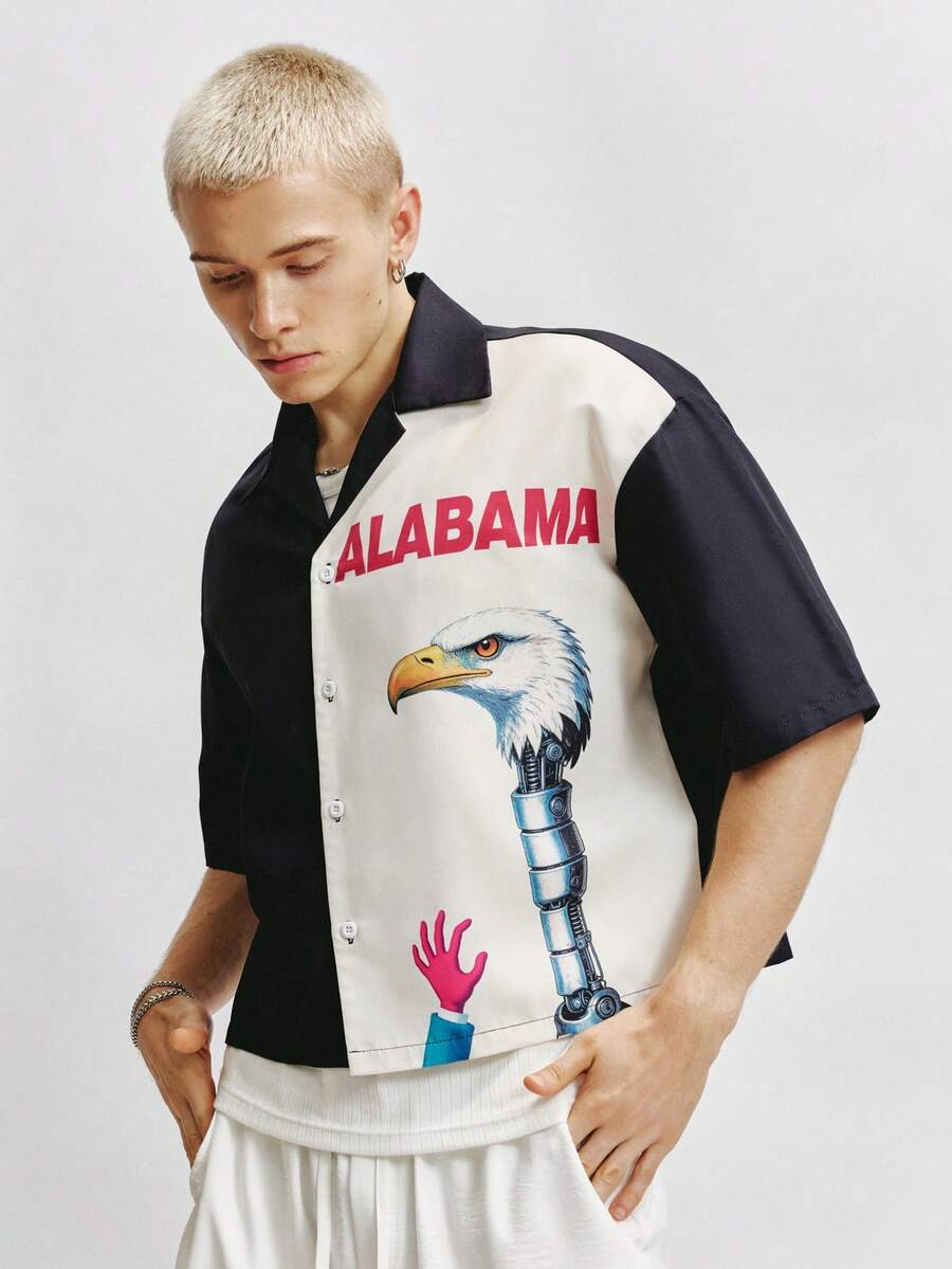 Men's Graphic Print Cropped Camp Collar Shirt