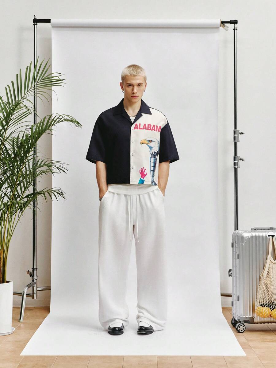 Men's Graphic Print Cropped Camp Collar Shirt