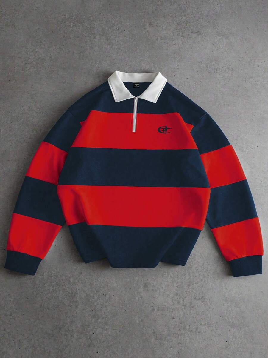 Men's Striped Long Sleeve Casual Polo Shirt