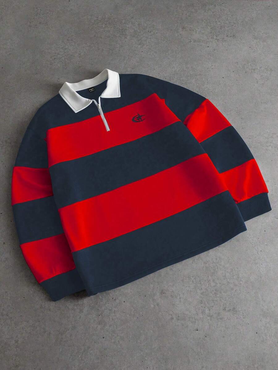 Men's Striped Long Sleeve Casual Polo Shirt