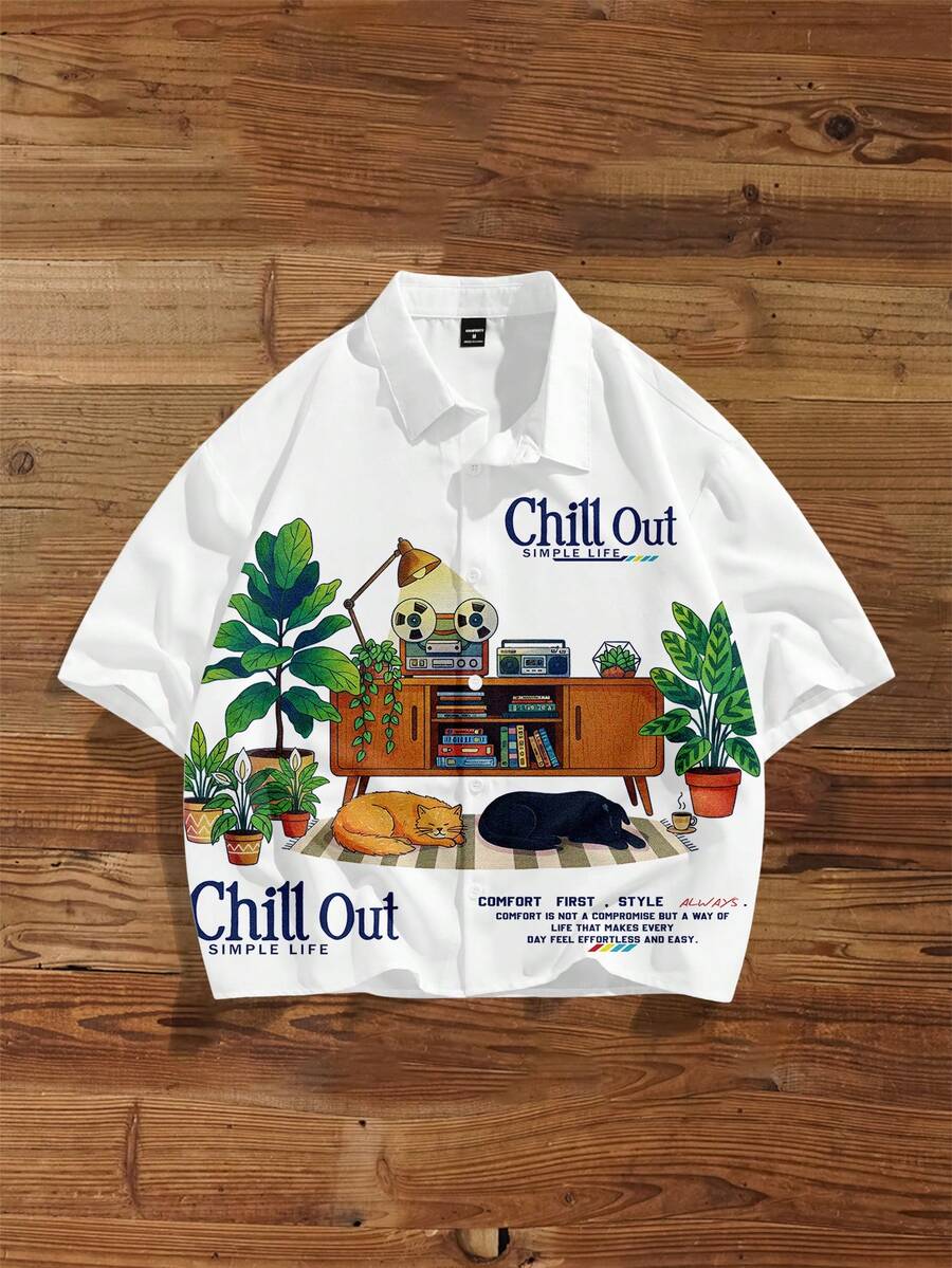 Men's Graffiti Print Loose Cropped Shirt