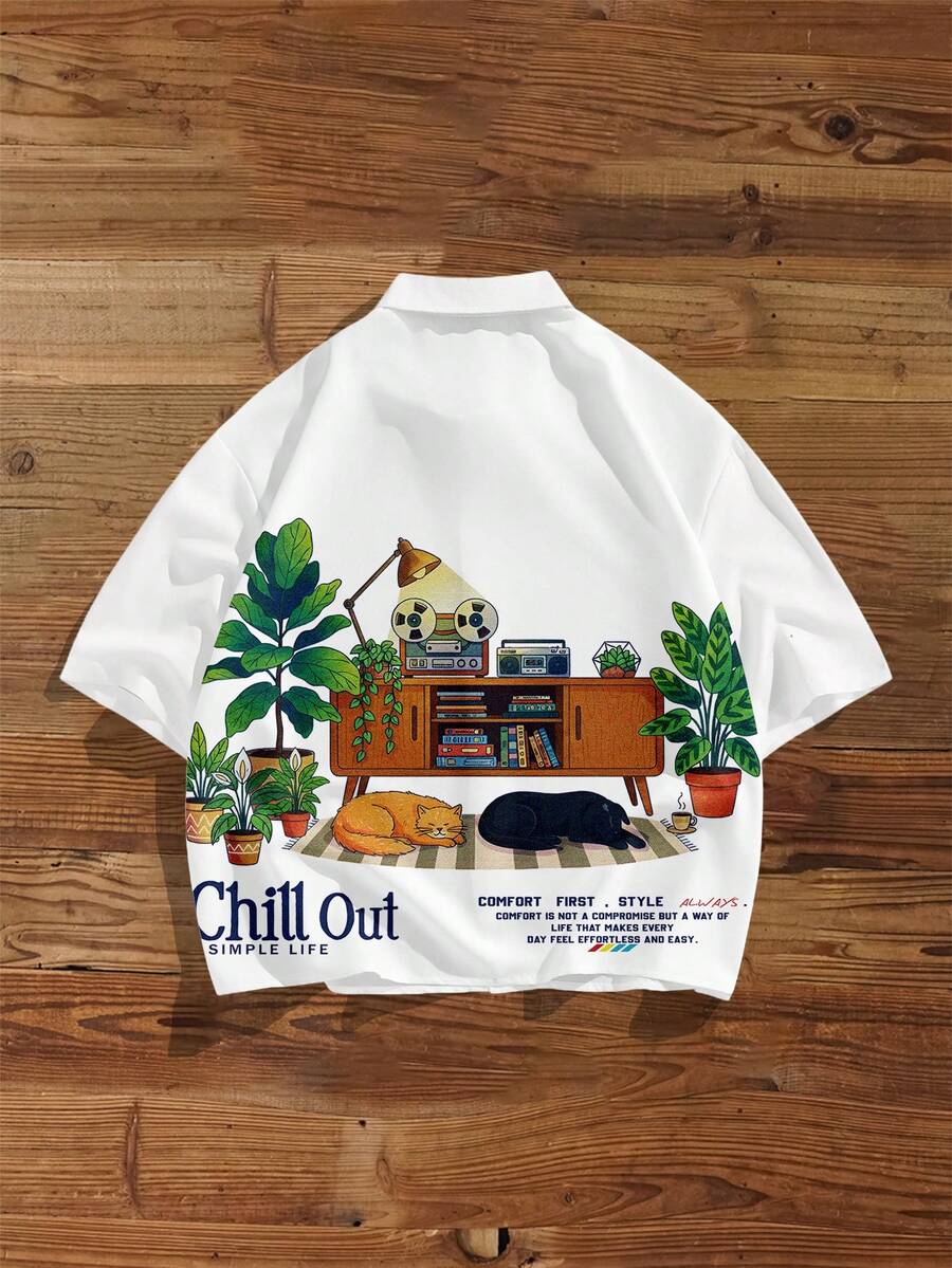 Men's Graffiti Print Loose Cropped Shirt