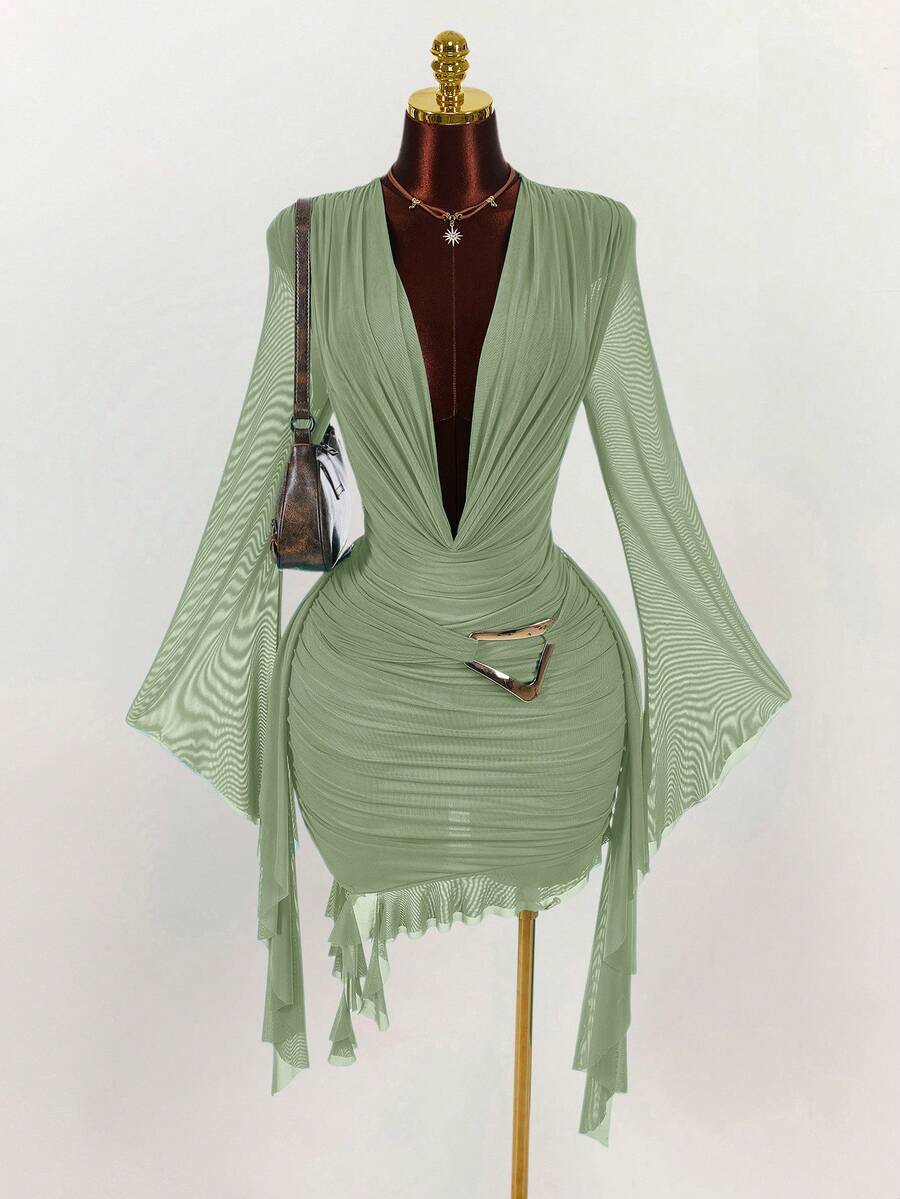 Ruffle Halter Neck Mesh Mini Dress