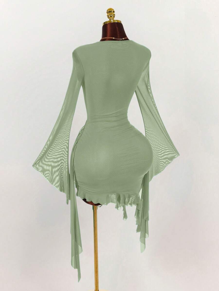 Ruffle Halter Neck Mesh Mini Dress