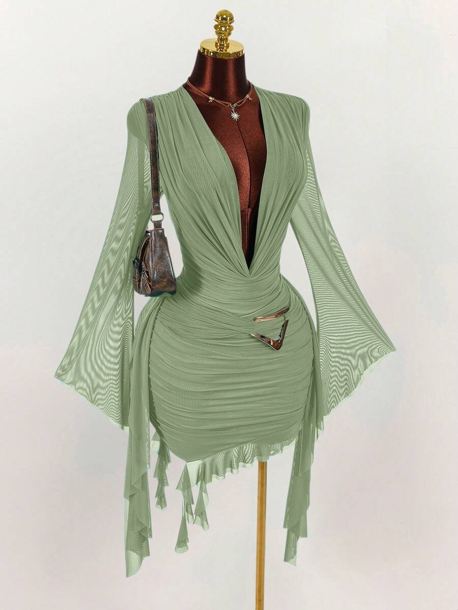Ruffle Halter Neck Mesh Mini Dress