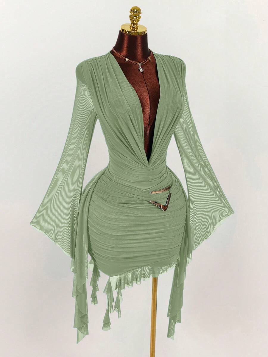 Ruffle Halter Neck Mesh Mini Dress