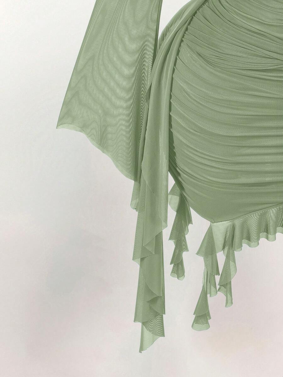 Ruffle Halter Neck Mesh Mini Dress