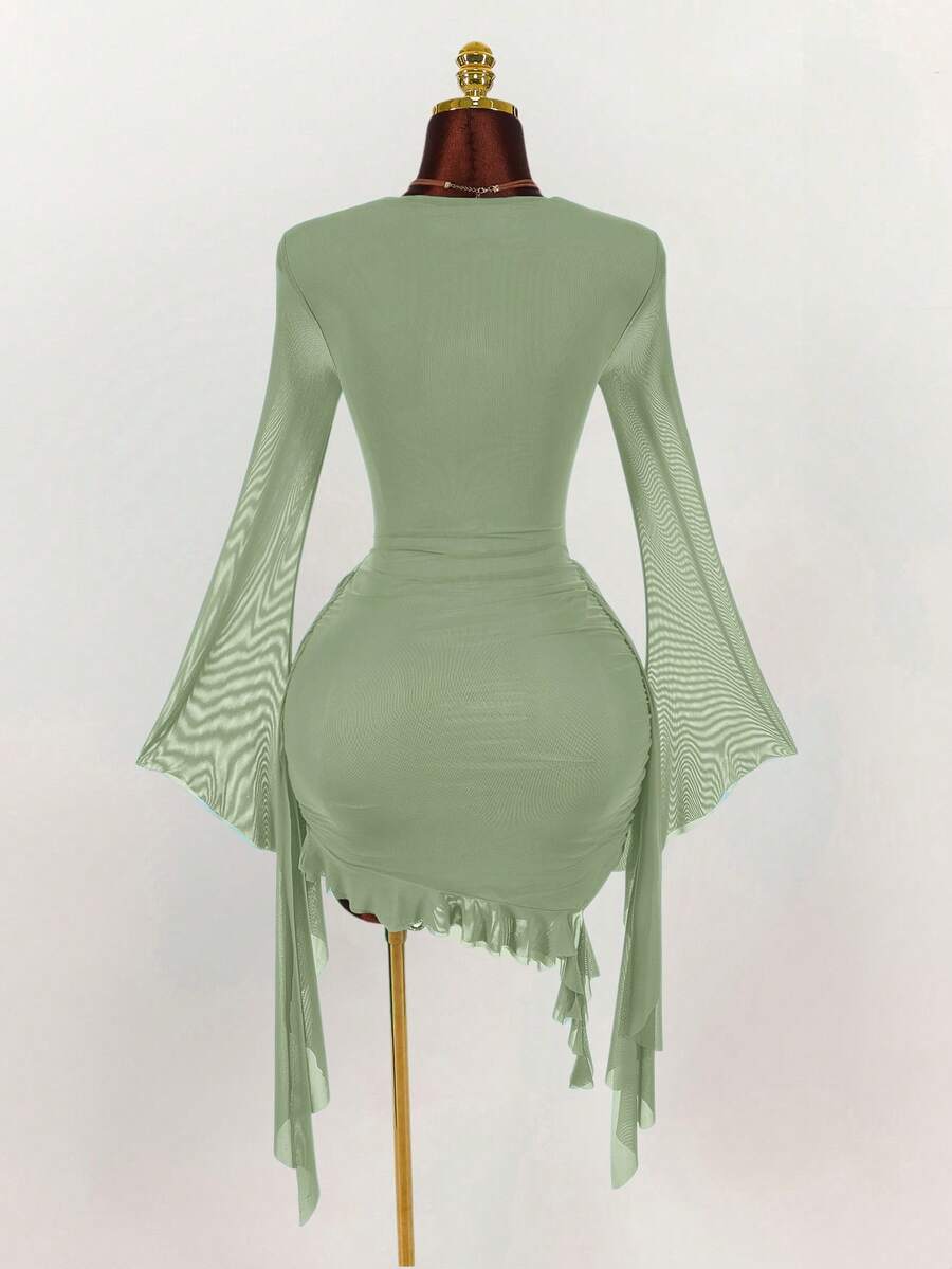 Ruffle Halter Neck Mesh Mini Dress