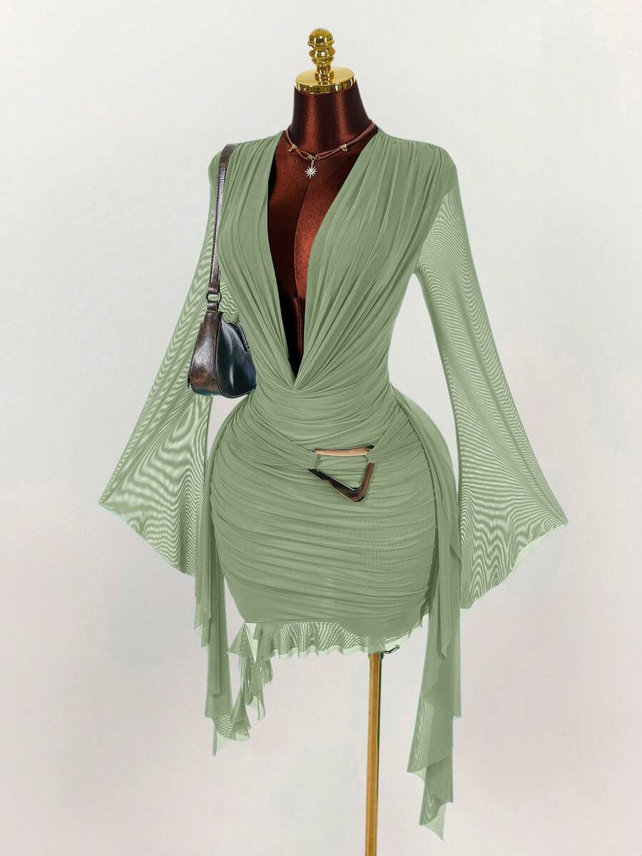 Ruffle Halter Neck Mesh Mini Dress